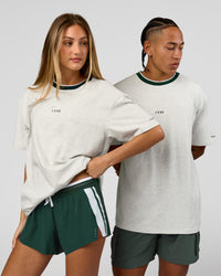 Duo wearing Be Here Now Heavyweight FLXCotton Tee Oversize - Silver Marl-Midnight Green | Model:Georgia | Size:XS | Model:Malebo | Size:M | Thumbnail Index: 1