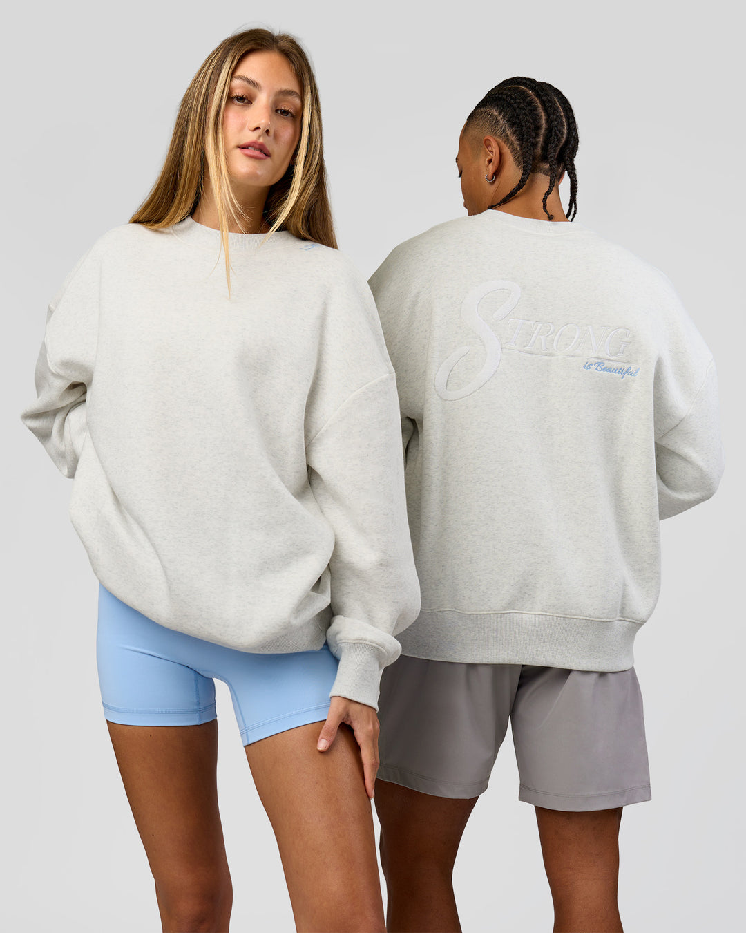 Duo wearing Strong is Beautiful Oversized Sweater - Silver Marl | Model:Georgia | Size:XS | Model:Malebo | Size:M - view 1