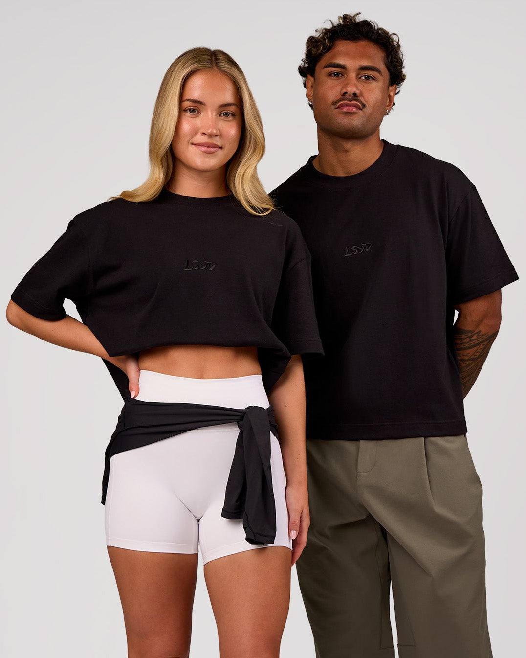 Duo wearing Progression Super Heavyweight Boxed Tee - Black-Black | Model:Issy | Size:XS | Model:Xav | Size:L