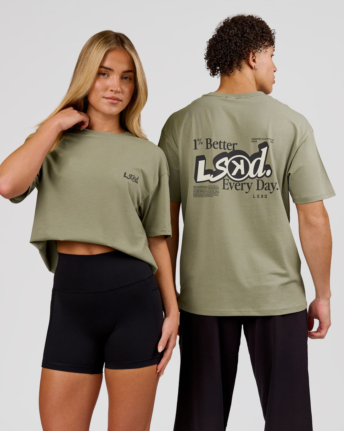 Duo wearing Blended FLXCotton Oversize Tee  - Fog | Model:Issy | Size:XS | Model:Leandro | Size:M - view 1