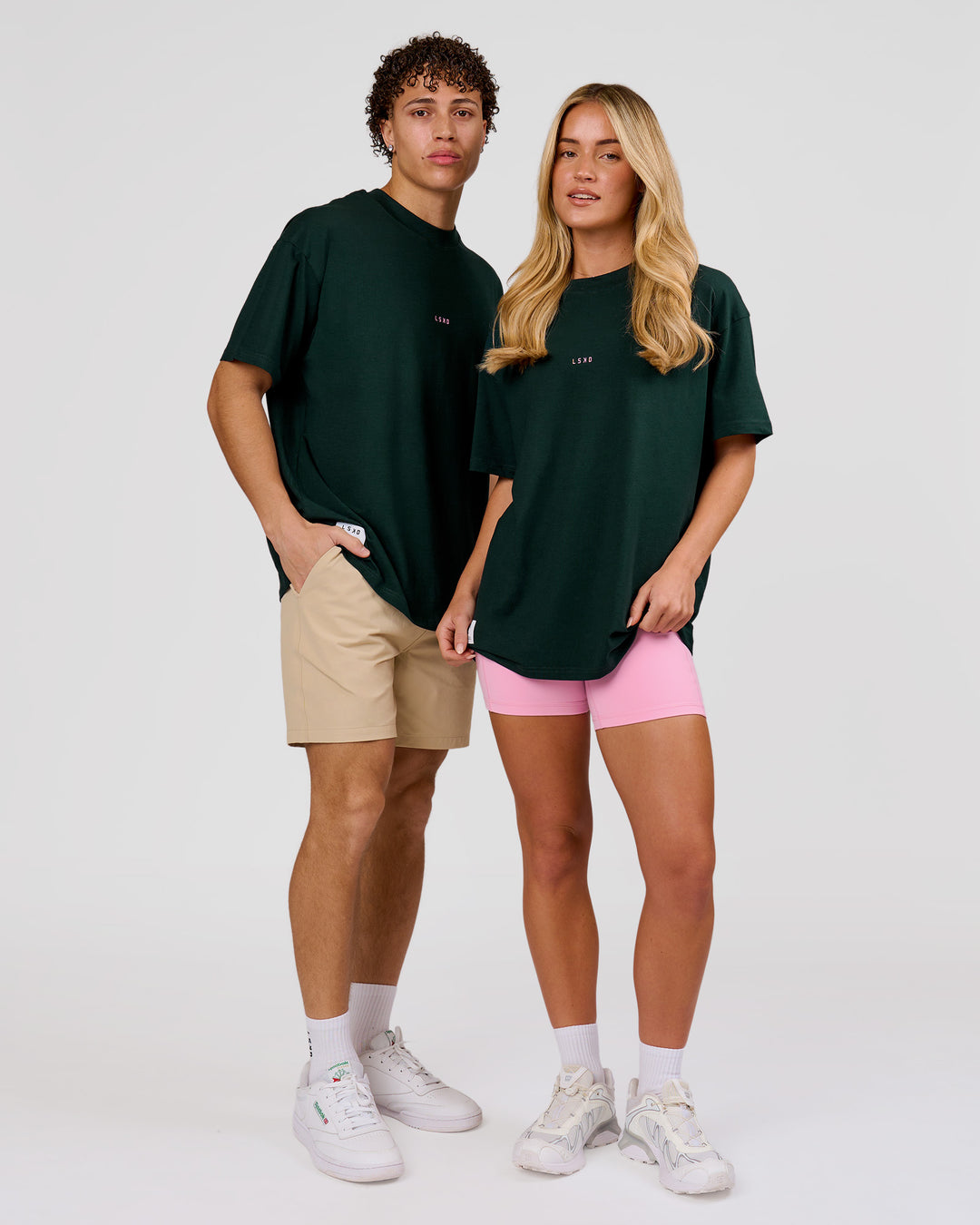 Duo wearing VS26 MFBS FLXCotton Oversize Tee - Midnight Green-Pink Rose | Model:Issy | Size:XS | Model:Leandro | Size:M - view 4