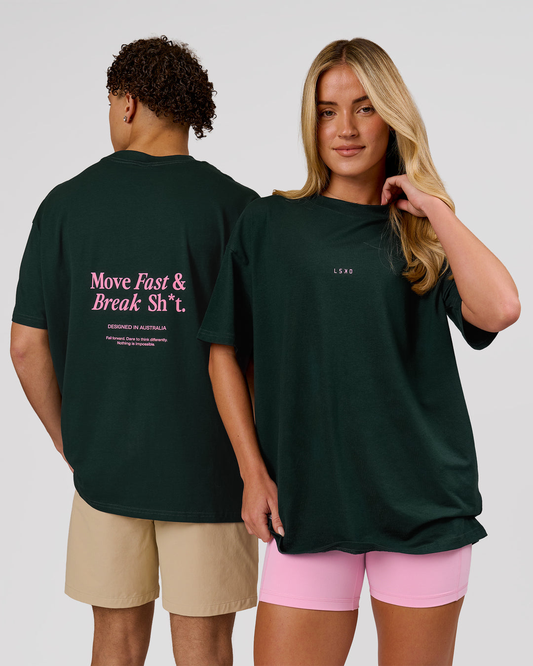 Duo wearing VS26 MFBS FLXCotton Oversize Tee - Midnight Green-Pink Rose | Model:Issy | Size:XS | Model:Leandro | Size:M - view 7