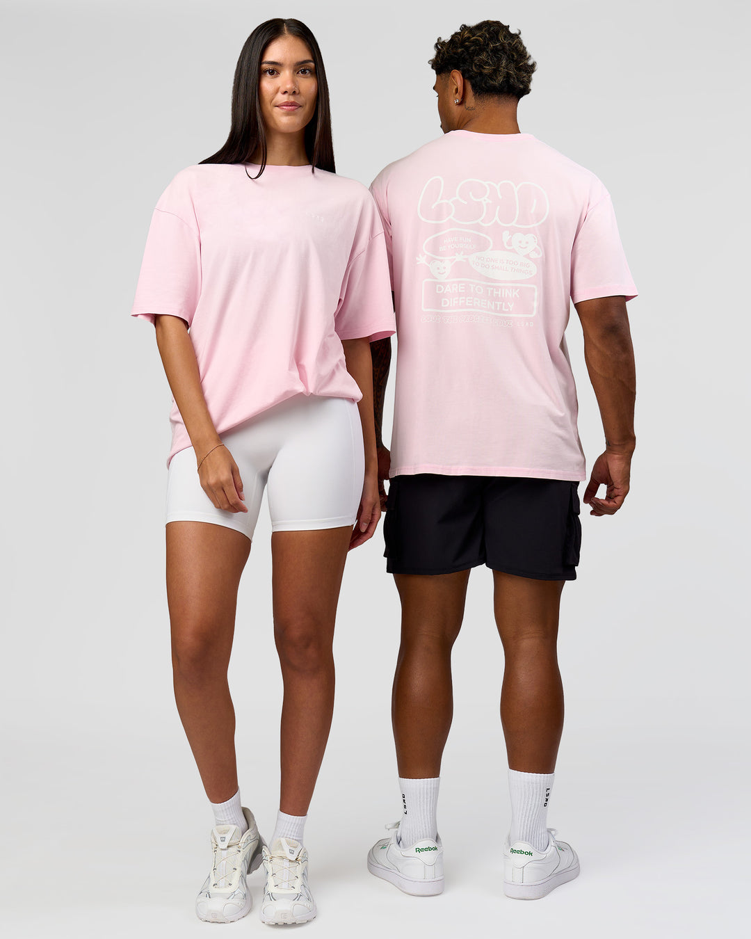 Duo wearing Dare To Think FLXCotton Tee Oversize - Marshmallow Washed-White | Model:Rhiley | Size:XS | Model:Xav | Size:L - view 10