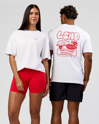 Duo wearing Dare To Think FLXCotton Tee Oversize - White-Scarlet | Model:Rhiley | Size:XS | Model:Xav | Size:L | Thumbnail Index: 0