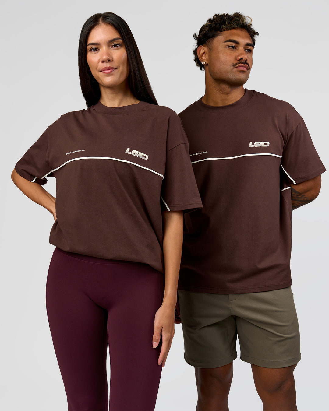 Duo wearing Inline Heavyweight FLXCotton Oversized Tee - Hot Chocolate-Off White | Model:Rhiley | Size:XS | Model:Xav | Size:L - view 5