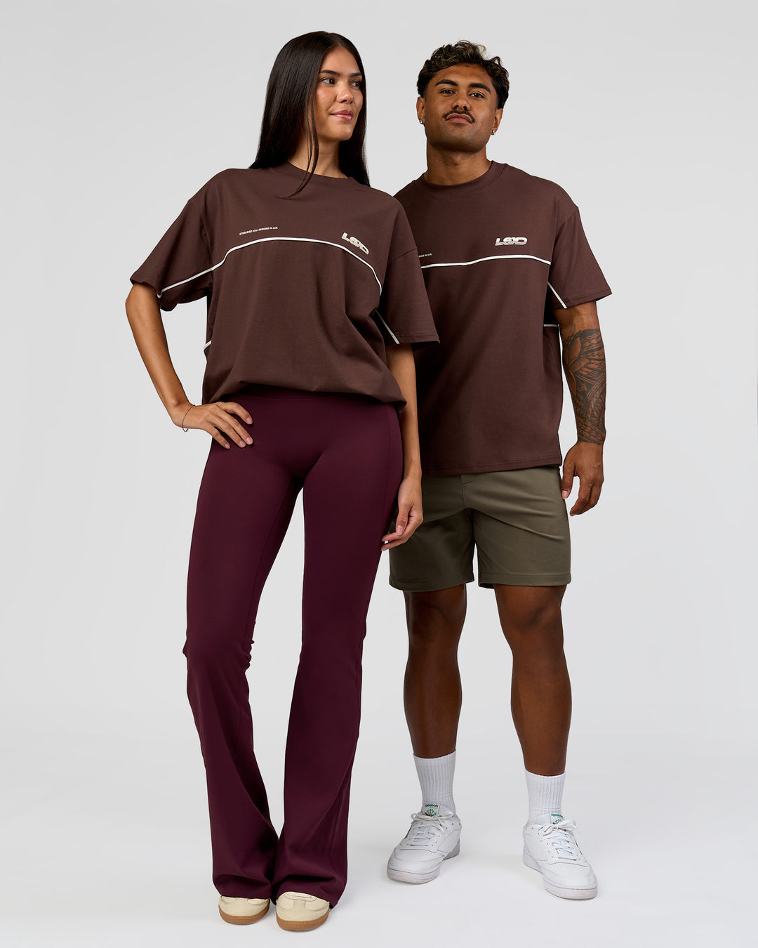 Duo wearing Inline Heavyweight FLXCotton Oversized Tee - Hot Chocolate-Off White | Model:Rhiley | Size:XS | Model:Xav | Size:L - view 8