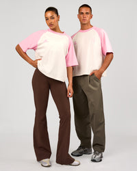 Duo wearing Victory Heavyweight Boxed Raglan Tee - Off White-Pink Rose | Model:Rosie | Size:XS | Model:Albert | Size:M | Thumbnail Index: 3