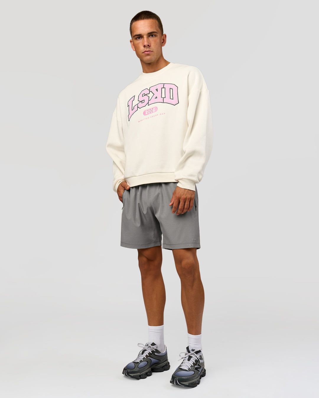 Man wearing Varsity Boxy Crew - Off White-Pink Rose | Model:Albert | Size:L - view 8