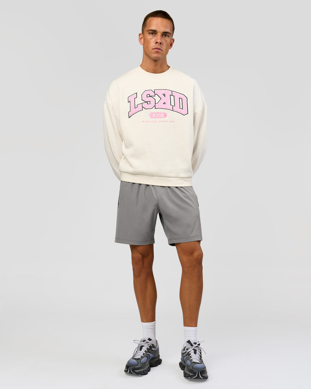 Man wearing Varsity Boxy Crew - Off White-Pink Rose | Model:Albert | Size:L - view 5
