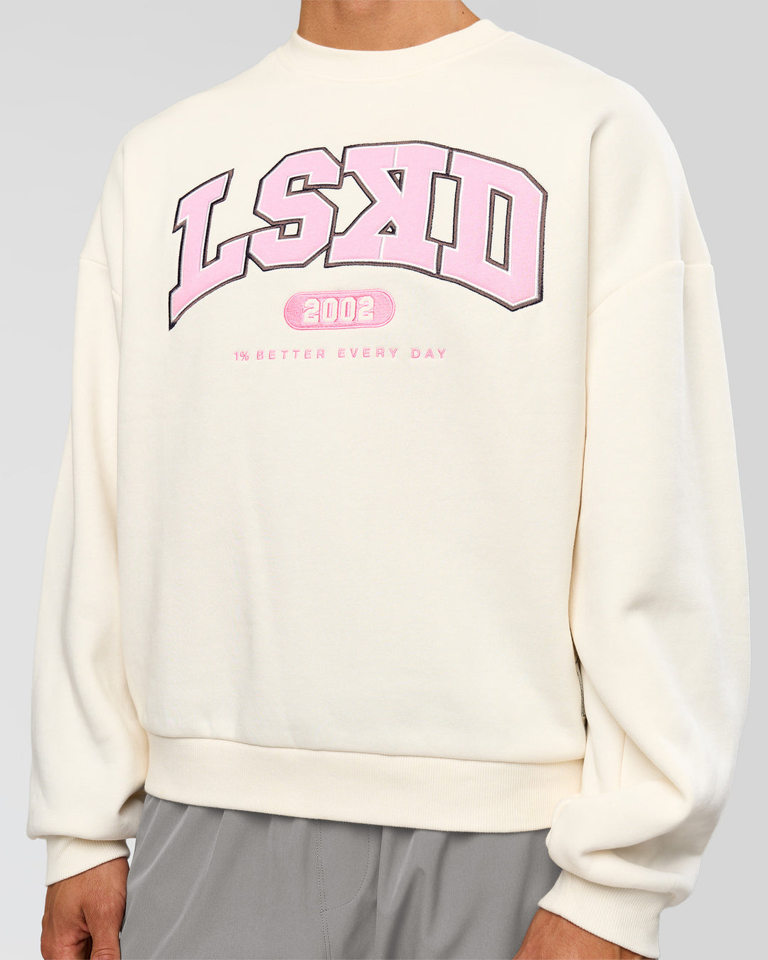 Man wearing Varsity Boxy Crew - Off White-Pink Rose | Model:Albert | Size:L - view 3