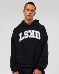 Man wearing Varsity Boxy Hoodie - Caviar-White | Model:Albert | Size:L | Thumbnail Index: 0