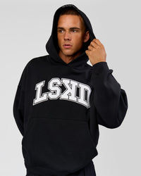 Man wearing Varsity Boxy Hoodie - Caviar-White | Model:Albert | Size:L | Thumbnail Index: 5