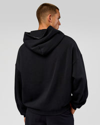 Man wearing Varsity Boxy Hoodie - Caviar-White | Model:Albert | Size:L | Thumbnail Index: 9