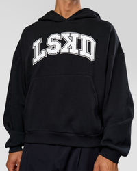 Man wearing Varsity Boxy Hoodie - Caviar-White | Model:Albert | Size:L | Thumbnail Index: 2