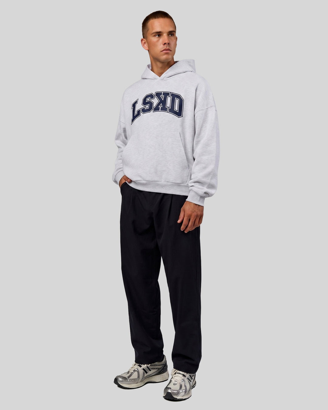 Man wearing Varsity Boxy Hoodie - Silver Marl-Future Navy | Model:Albert | Size:L - view 3