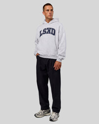 Man wearing Varsity Boxy Hoodie - Silver Marl-Future Navy | Model:Albert | Size:L | Thumbnail Index: 2