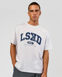 Man wearing Varsity EST Heavyweight Oversized Tee  - Silver Marl-Future Navy | Model:Albert | Size:L | Thumbnail Index: 2