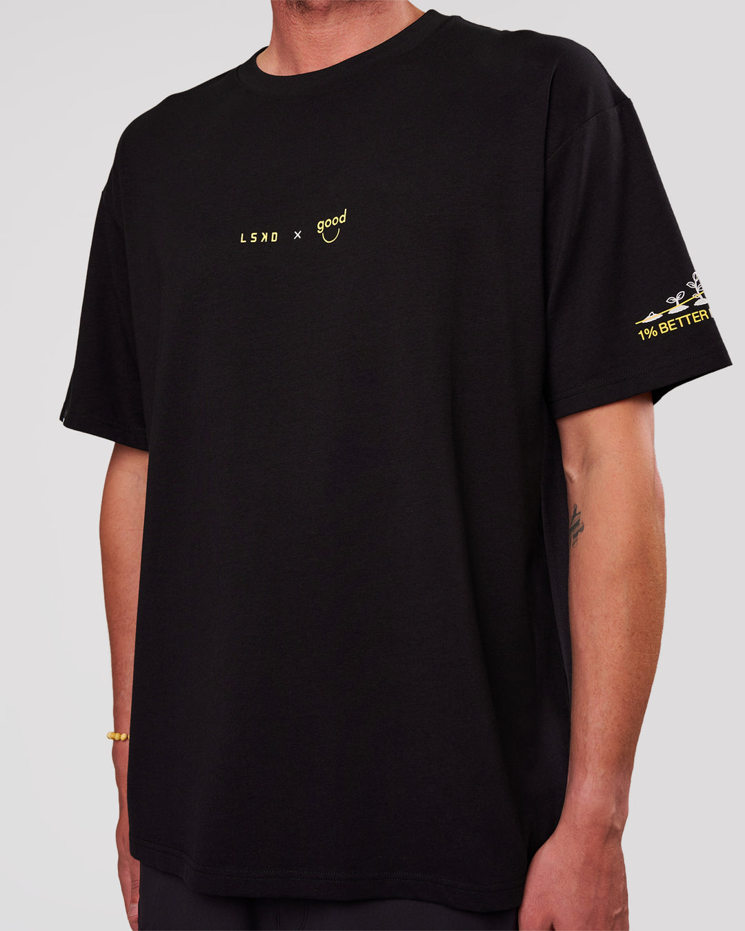 Man wearing TGHF X LSKD 26 FLXCotton Oversized Tee - Black | Model:Cooper | Size:L - view 5