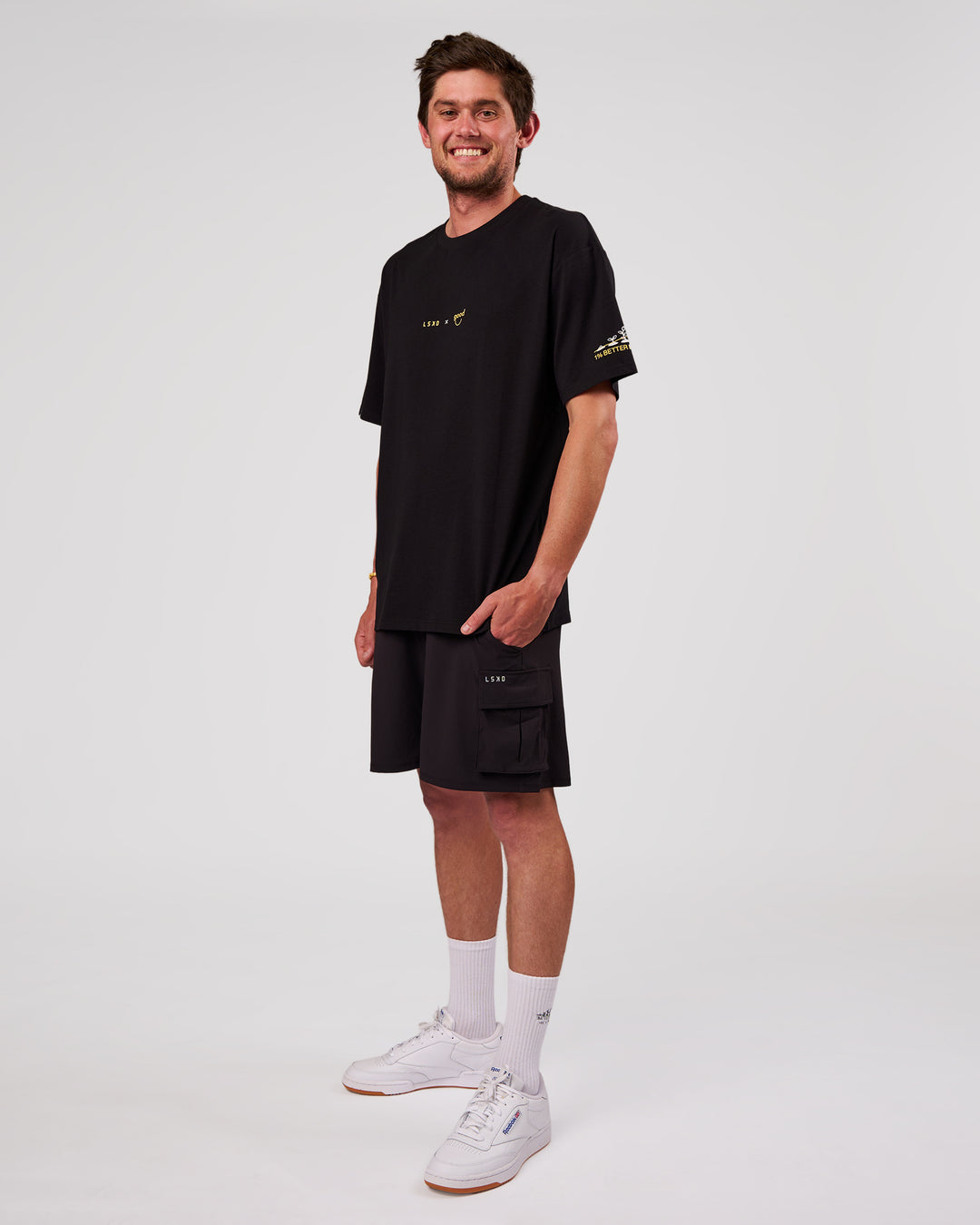 Man wearing TGHF X LSKD 26 FLXCotton Oversized Tee - Black | Model:Cooper | Size:L - view 9
