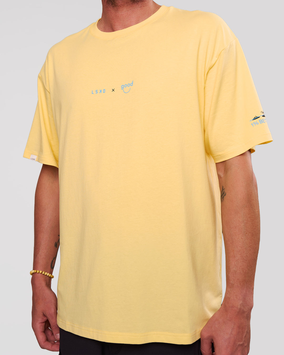 Man wearing TGHF X LSKD 26 FLXCotton Oversized Tee - Lemon | Model:Cooper | Size:L - view 5