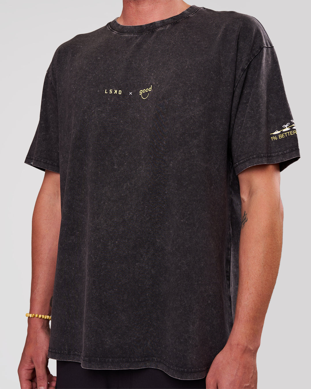 Man wearing TGHF X LSKD 26 FLXCotton Oversized Tee - Black Washed | Model:Cooper | Size:L - view 5