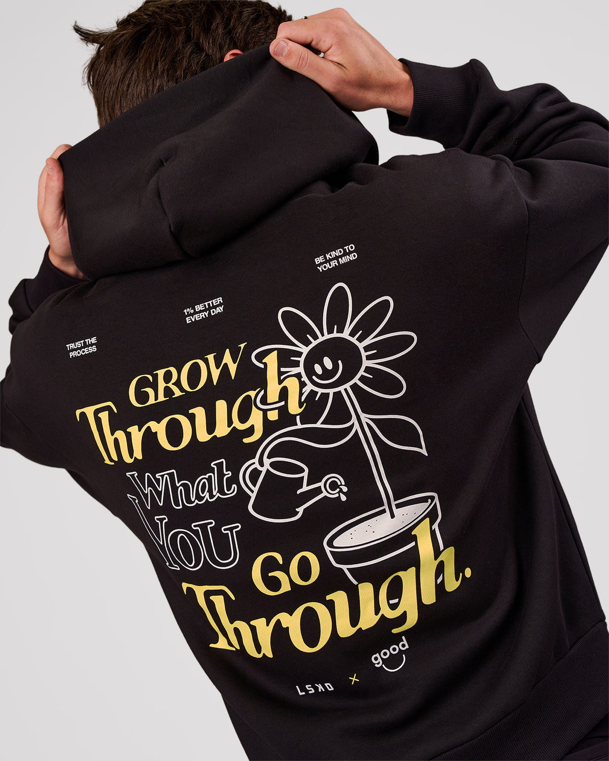 Man wearing TGHF X LSKD 26 Oversized Hoodie - Black | Model:Cooper | Size:L - view 1