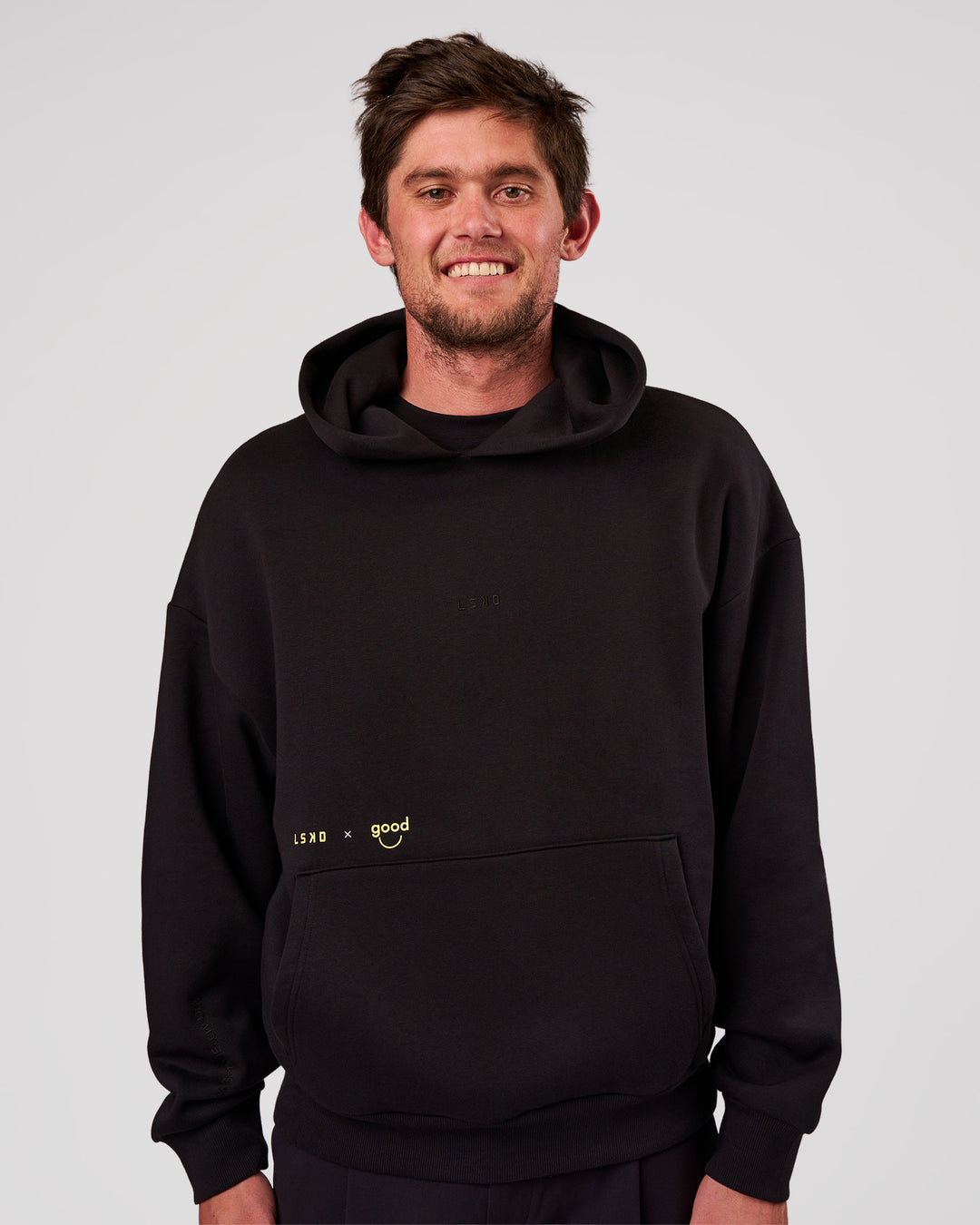 Man wearing TGHF X LSKD 26 Oversized Hoodie - Black | Model:Cooper | Size:L - view 5