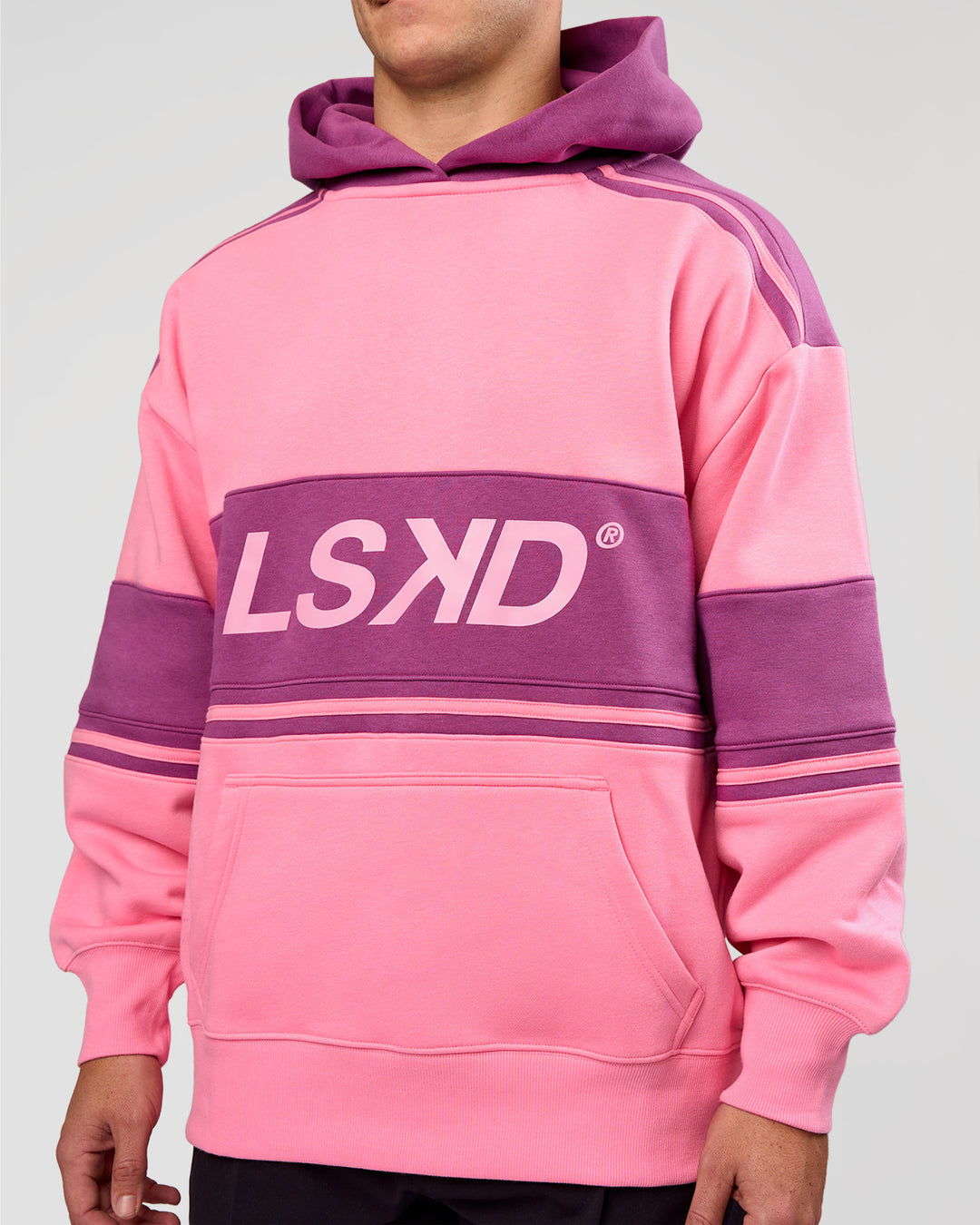 Man wearing A-Team Oversized Hoodie - Candy Pink-Boysenberry | Model:Jaiden | Size:L - view 6