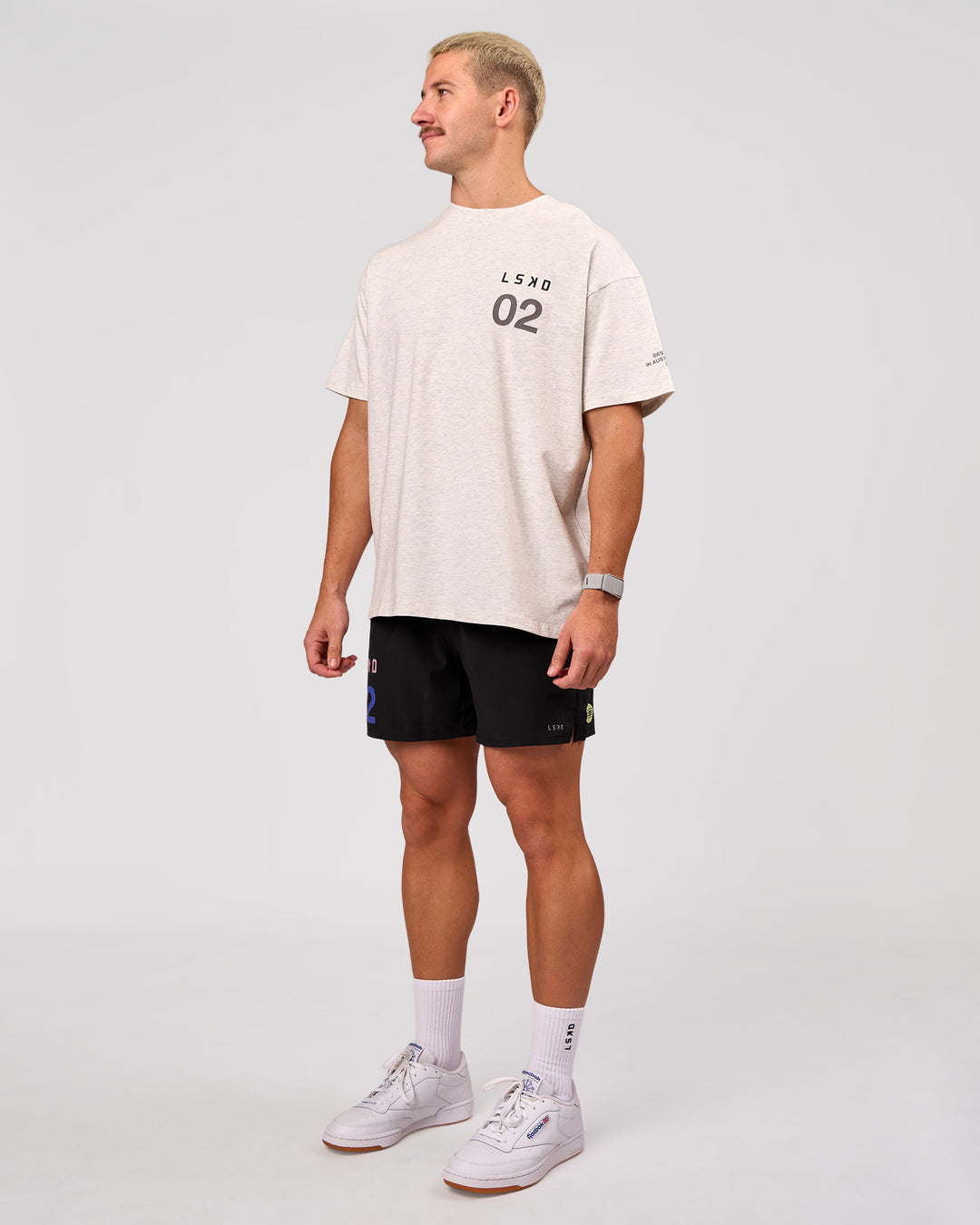 Man wearing Hybrid Elements Heavyweight FLXCotton Oversized Tee  - Silver Marl | Model:Jaiden | Size:L - view 5