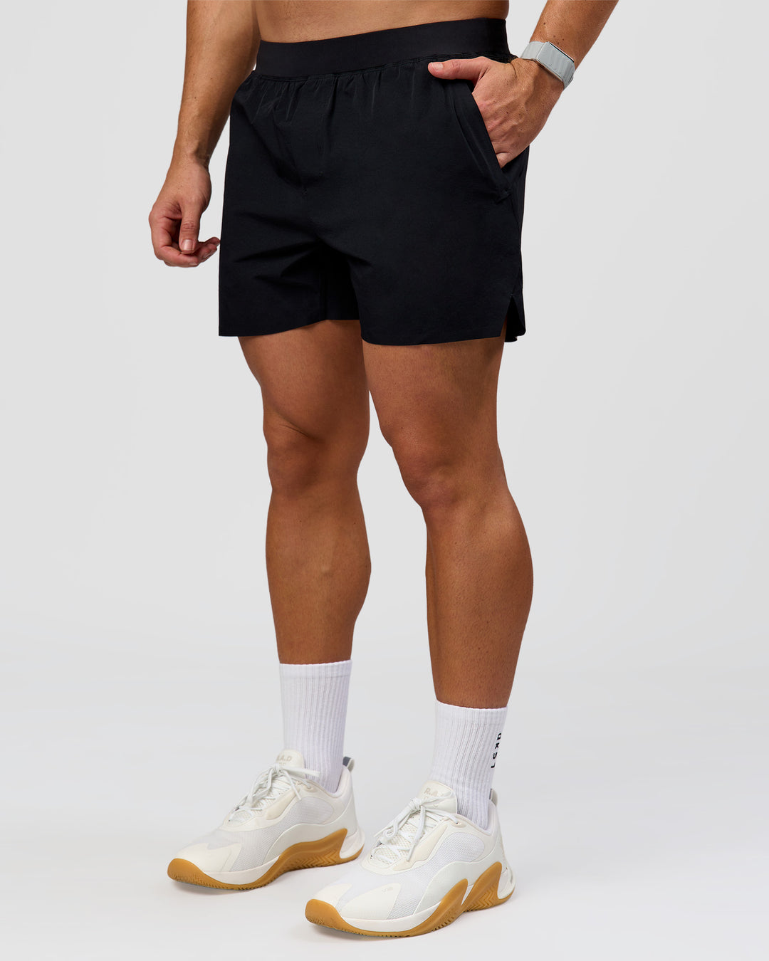 Man wearing Hybrid Lined 5" Short - Black-Reflective | Model:Jaiden | Size:L - view 9
