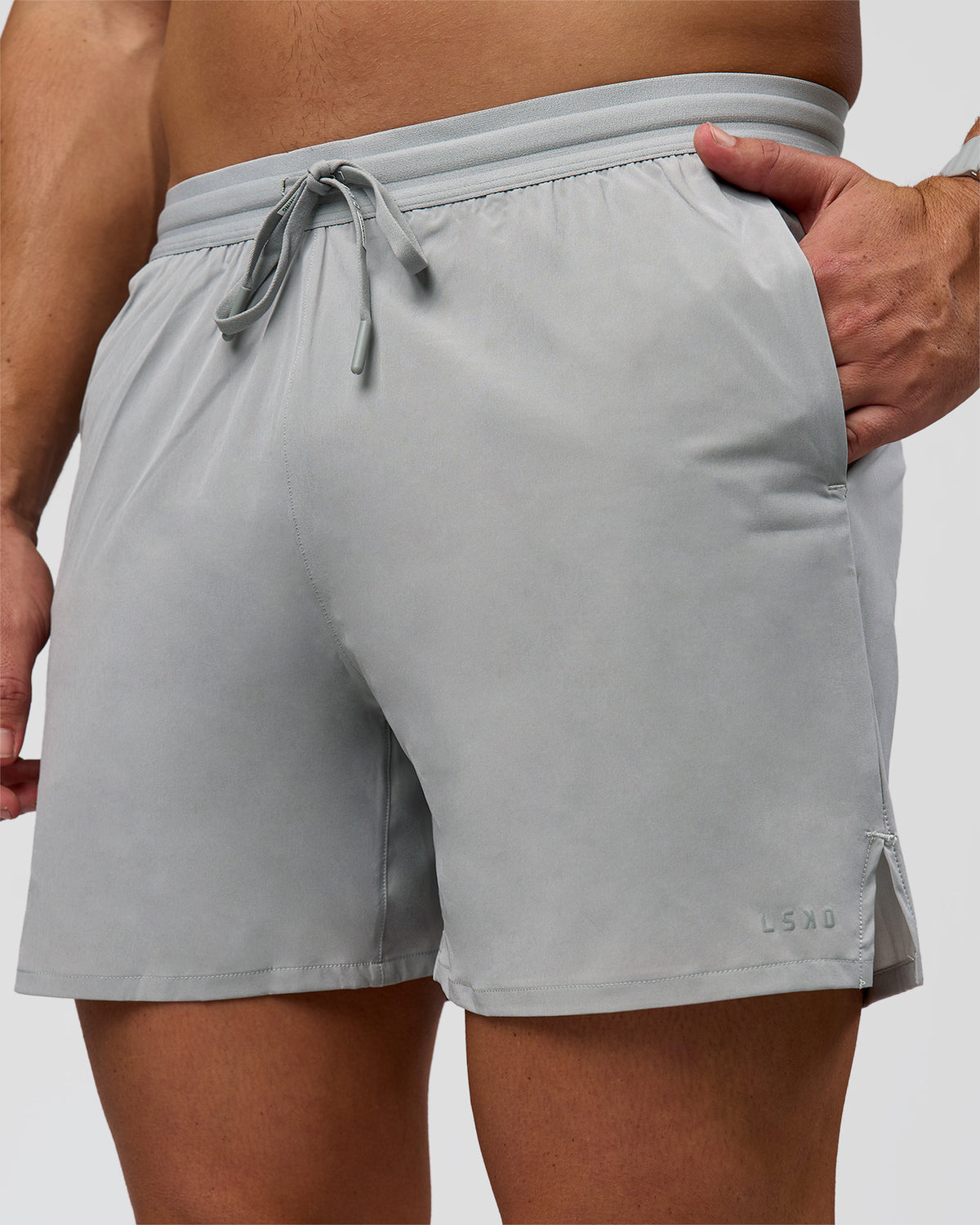 Man wearing Pace 5" Lined Running Short - Alloy | Model:Jaiden | Size:L