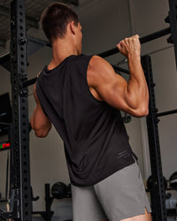 Man wearing Game Plan Rep Muscle Training Tank - Black-Onyx | Model:Liam | Size:L | Thumbnail Index: 7