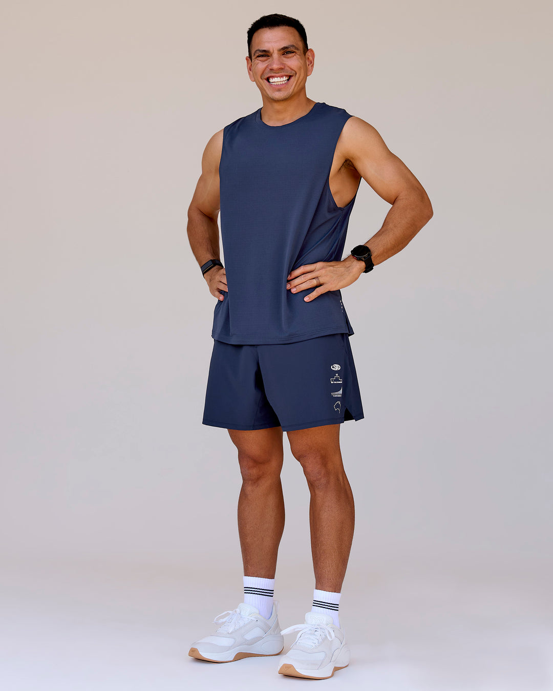 Man wearing Greatest of All Time Functional Training 7" Short - Future Navy-White | Model:Shane | Size:L - view 4