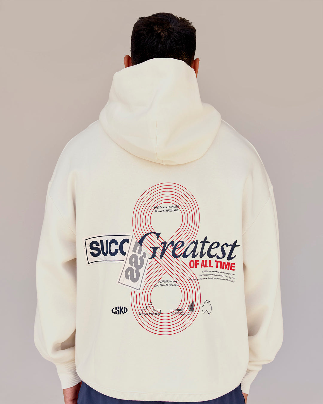 Man wearing Greatest of All Time Heavyweight Oversized Hoodie - Off White | Model:Shane | Size:L - view 12