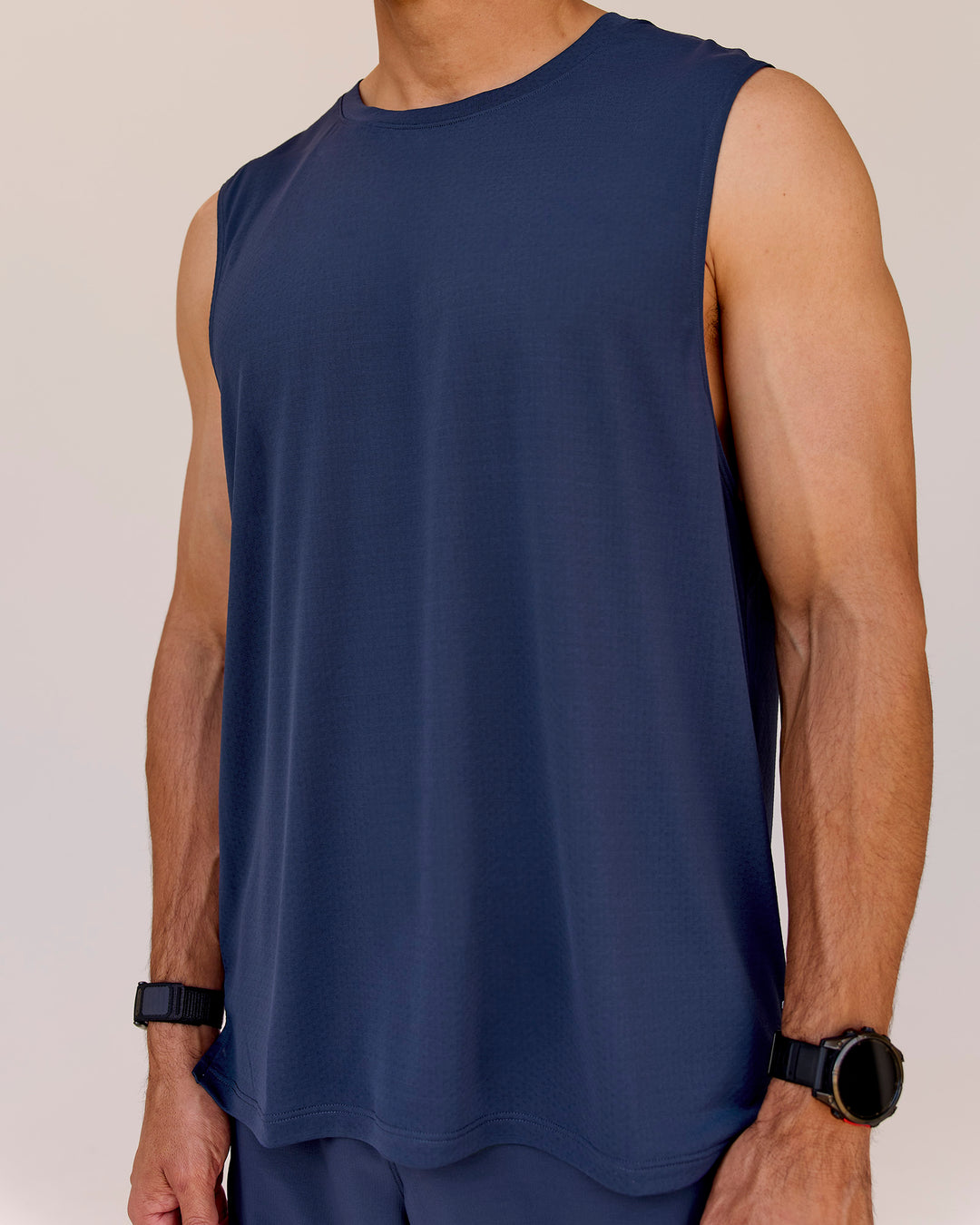 Man wearing Greatest of All Time Rep Muscle Training Tank - Future Navy-White | Model:Shane | Size:L - view 3