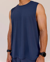 Man wearing Greatest of All Time Rep Muscle Training Tank - Future Navy-White | Model:Shane | Size:L | Thumbnail Index: 2