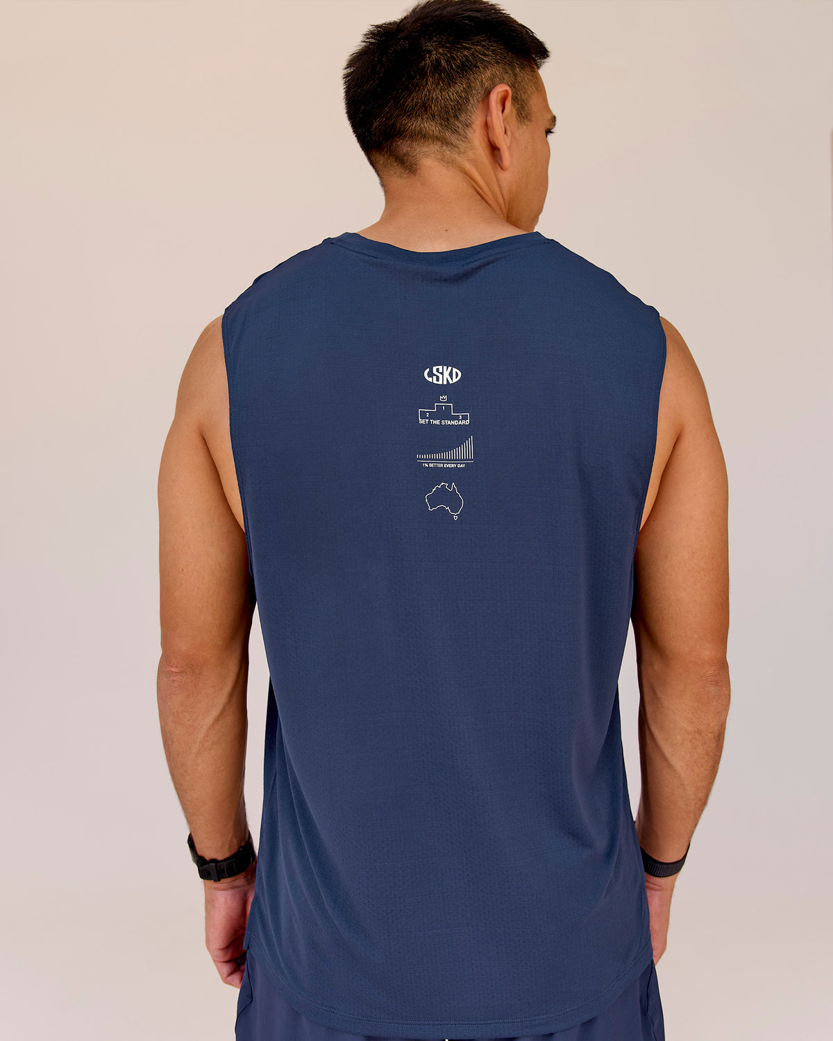 Man wearing Greatest of All Time Rep Muscle Training Tank - Future Navy-White | Model:Shane | Size:L