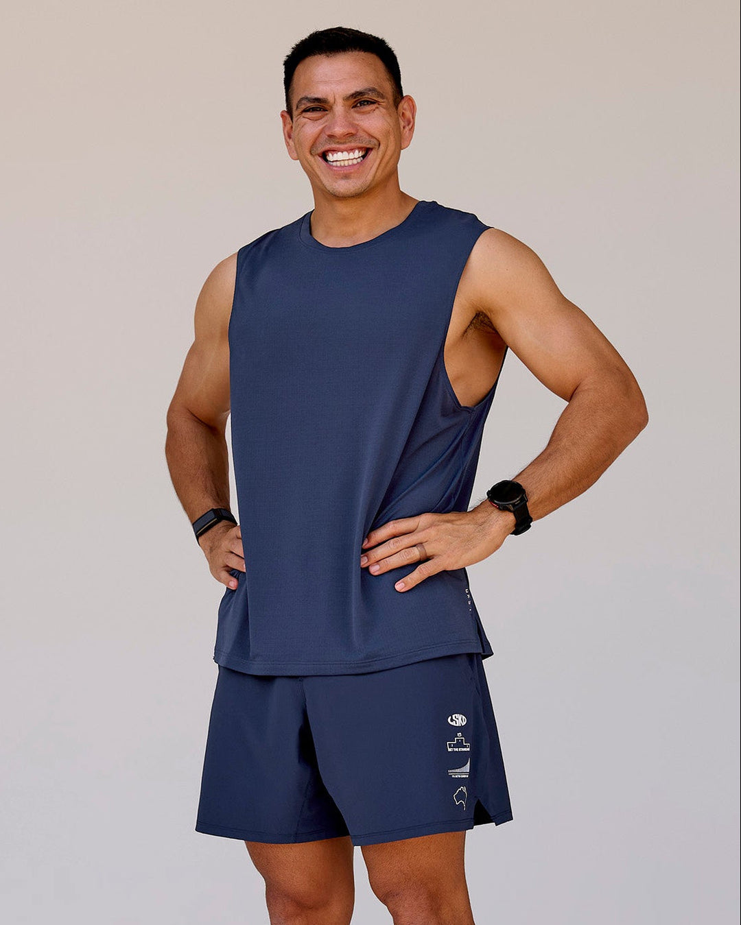 Man wearing Greatest of All Time Rep Muscle Training Tank - Future Navy-White | Model:Shane | Size:L - view 1