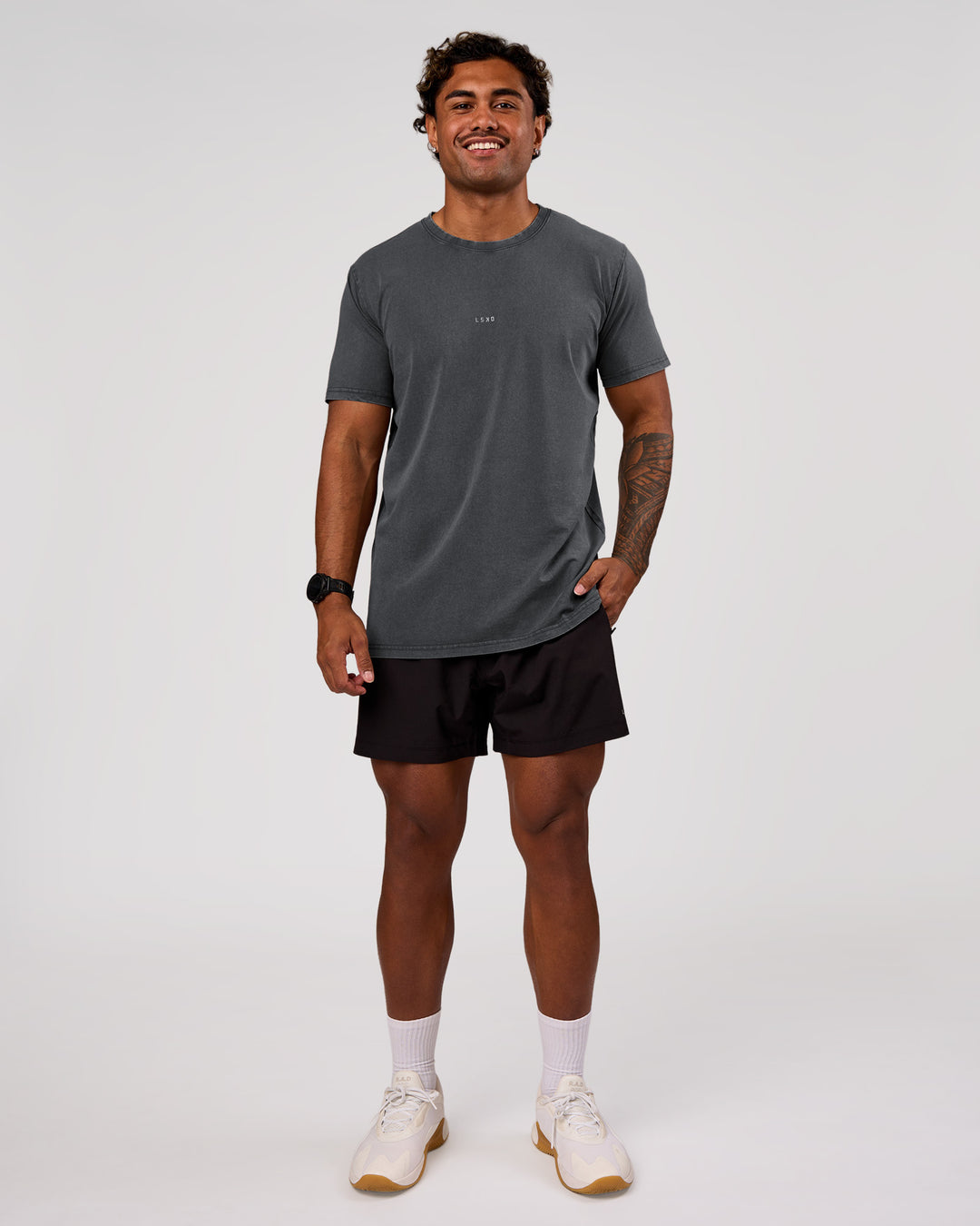 Man wearing Base FLXCotton Tee Oversized - Dark Storm Washed | Model:Xav | Size:L - view 4