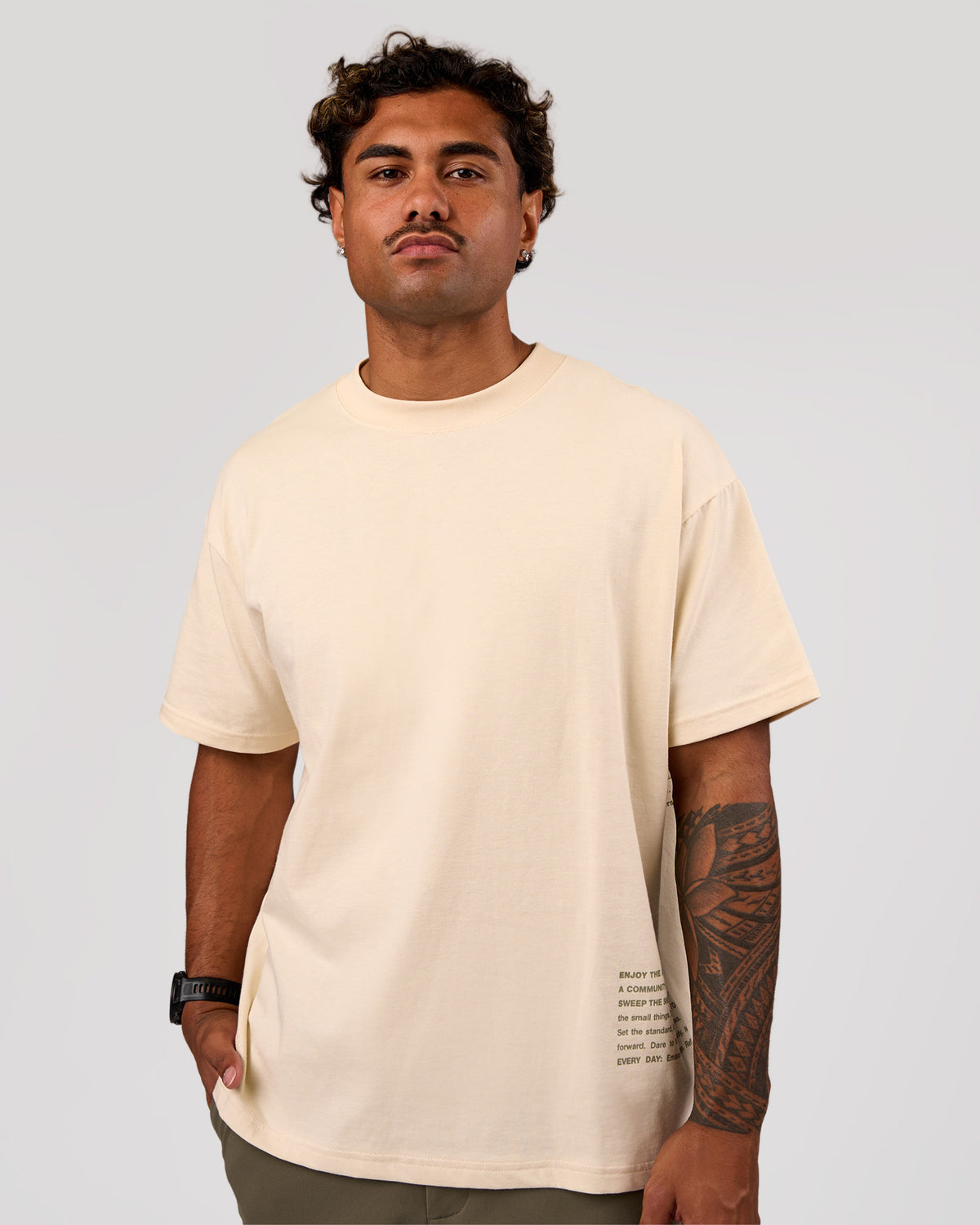 Man wearing Block Heavyweight Oversized Tee  - Vanilla Bean | Model:Xav | Size:L