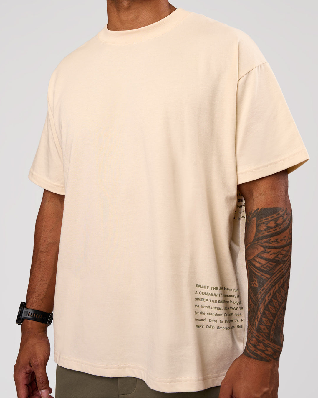 Man wearing Block Heavyweight Oversized Tee  - Vanilla Bean | Model:Xav | Size:L - view 9