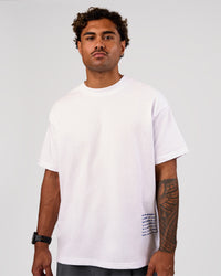 Man wearing Block Heavyweight Oversized Tee  - White-Power Cobalt | Model:Xav | Size:L | Thumbnail Index: 1