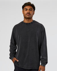Man wearing Clear Vision Heavyweight FLXCotton Oversized LS Tee - Black Washed-Black | Model:Xav | Size:L | Thumbnail Index: 1
