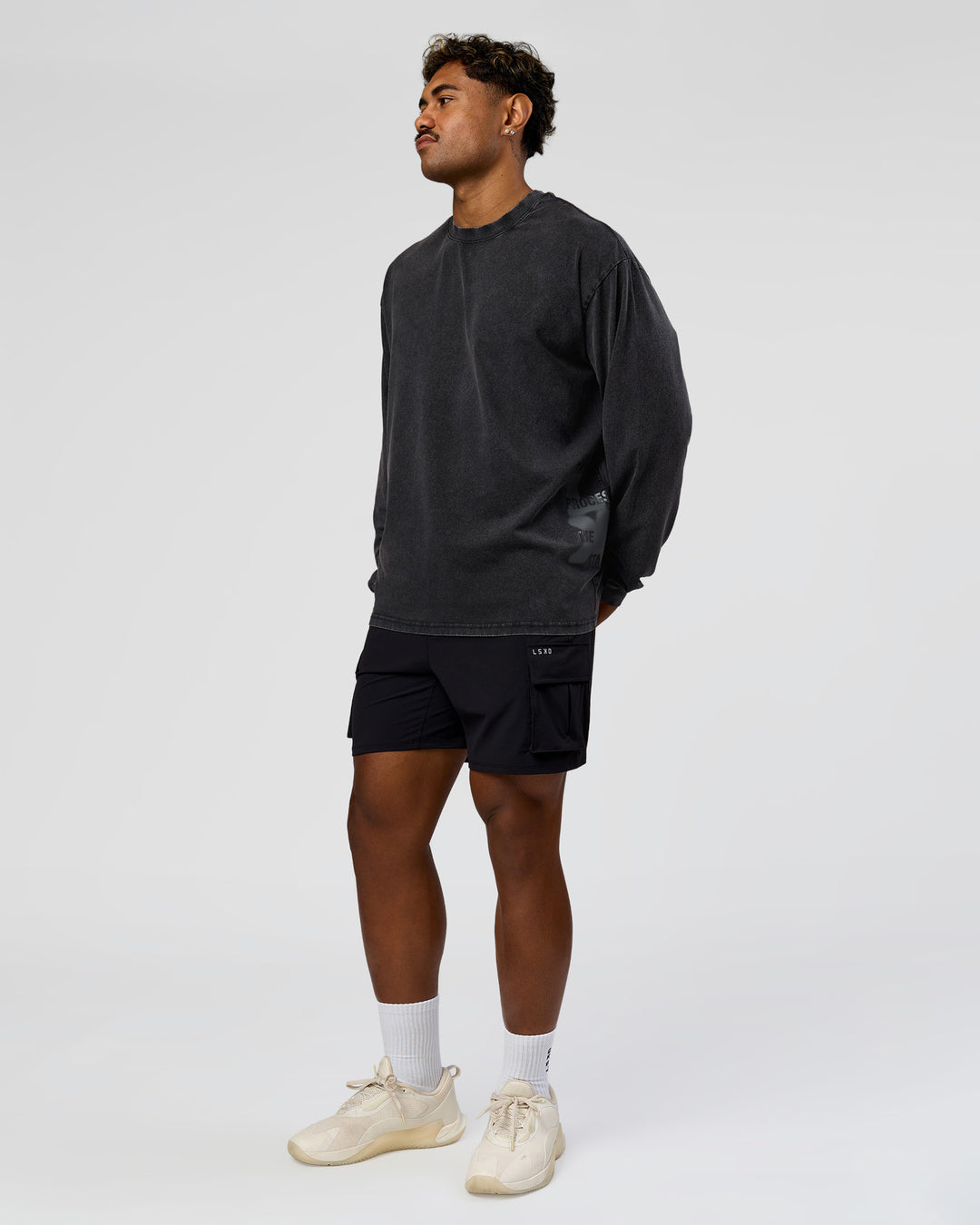 Man wearing Clear Vision Heavyweight FLXCotton Oversized LS Tee - Black Washed-Black | Model:Xav | Size:L - view 8