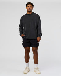 Man wearing Clear Vision Heavyweight FLXCotton Oversized LS Tee - Black Washed-Black | Model:Xav | Size:L | Thumbnail Index: 9