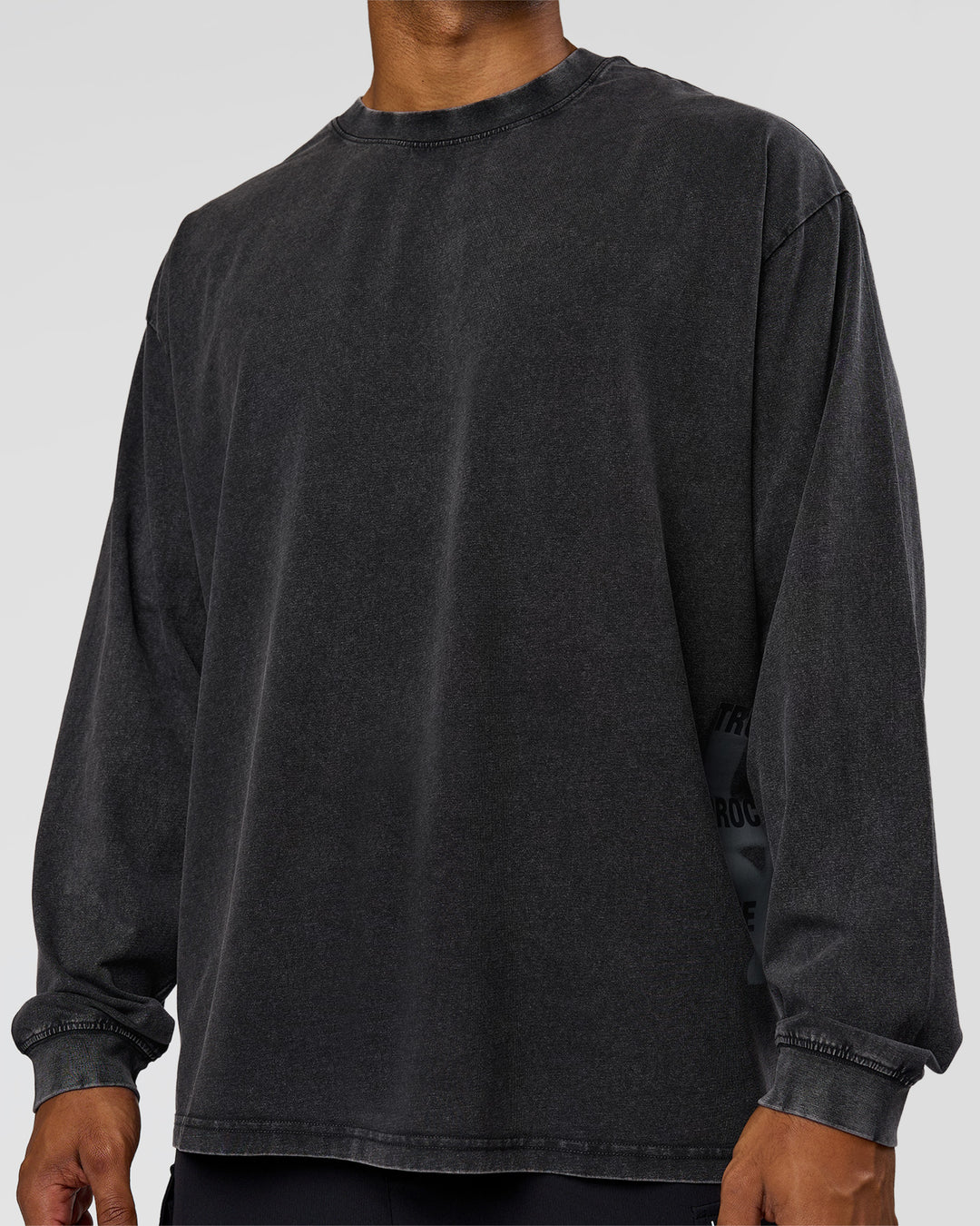 Man wearing Clear Vision Heavyweight FLXCotton Oversized LS Tee - Black Washed-Black | Model:Xav | Size:L - view 11