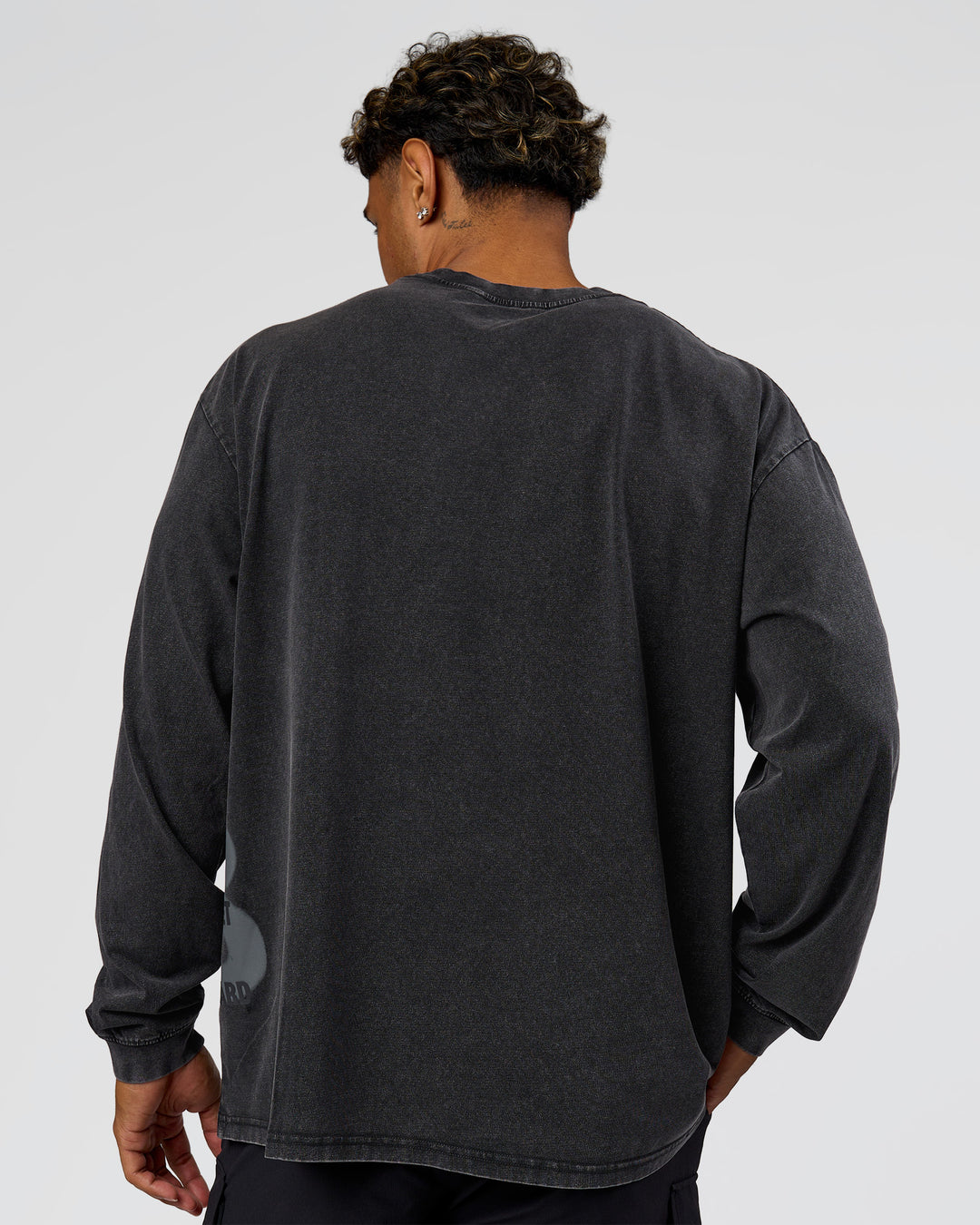 Man wearing Clear Vision Heavyweight FLXCotton Oversized LS Tee - Black Washed-Black | Model:Xav | Size:L - view 13