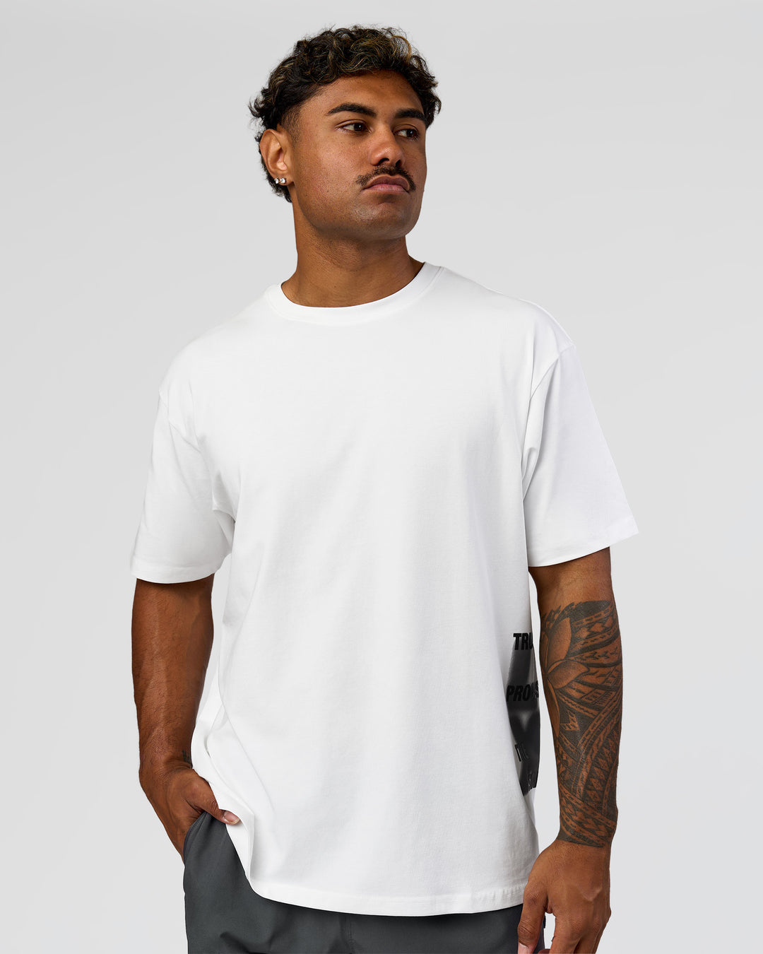 Man wearing Clear Vision Heavyweight FLXCotton Oversized Tee - White-Black | Model:Xav | Size:L - view 3