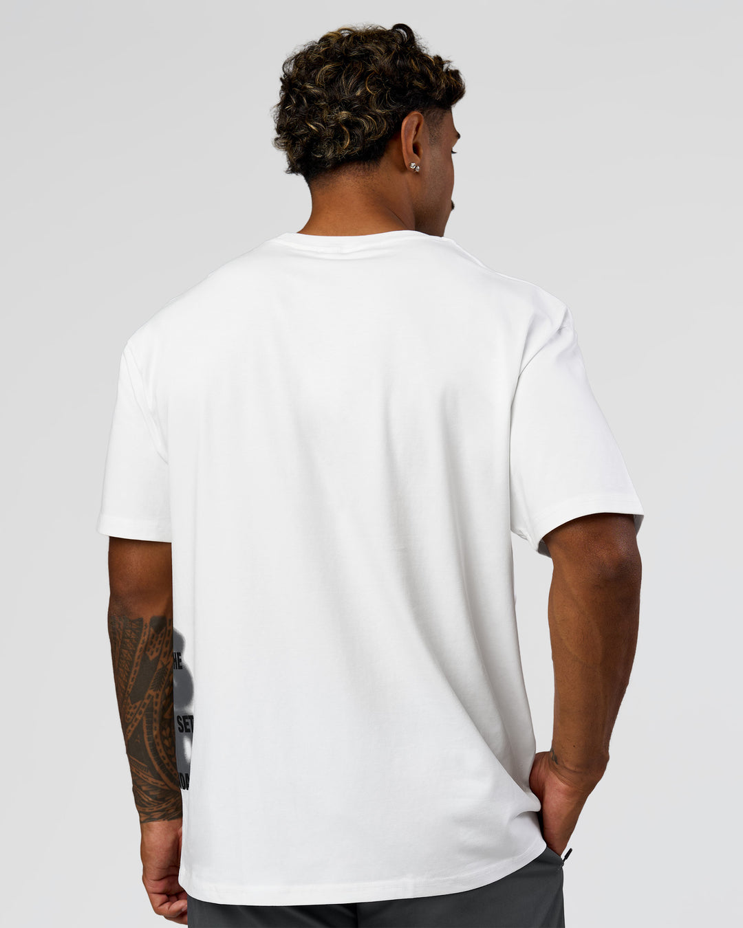 Man wearing Clear Vision Heavyweight FLXCotton Oversized Tee - White-Black | Model:Xav | Size:L - view 8