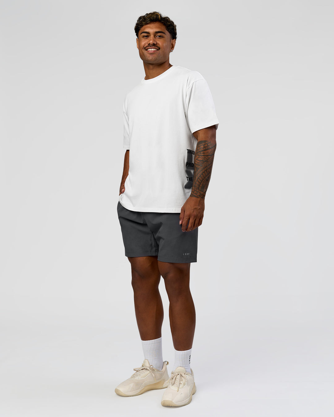 Man wearing Clear Vision Heavyweight FLXCotton Oversized Tee - White-Black | Model:Xav | Size:L - view 10